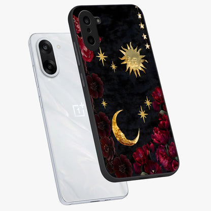 Sun Moon Flowers Glass Case for 1+Nord Ce 5 angled mockup showcasing glossy finish and balanced celestial tones