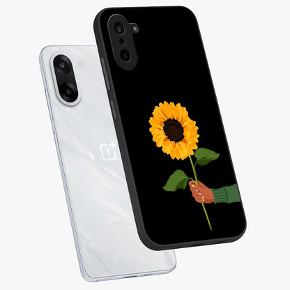 Sunflower Custom Name Glass Case for 1+Nord CE 5 angled mockup showcasing glossy glass finish and warm floral tones