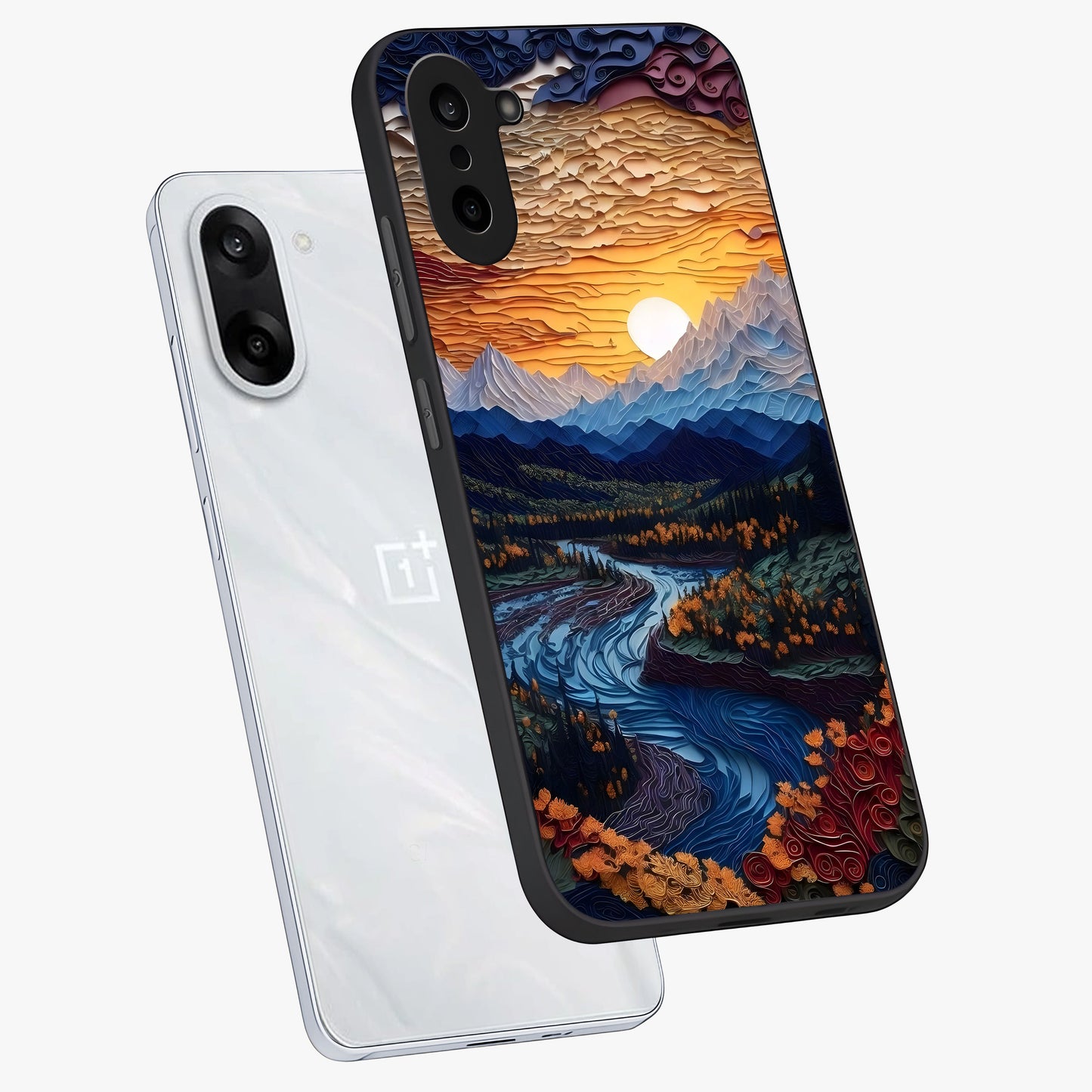 Sunrise River Dreams Glass Case for 1+Nord CE 5 angled mockup showcasing glossy finish and soft pastel gradients