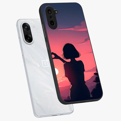 Sunset Silhouette Boy Glass Case for 1+Nord CE 5 angled mockup showcasing glossy finish and rich orange tones