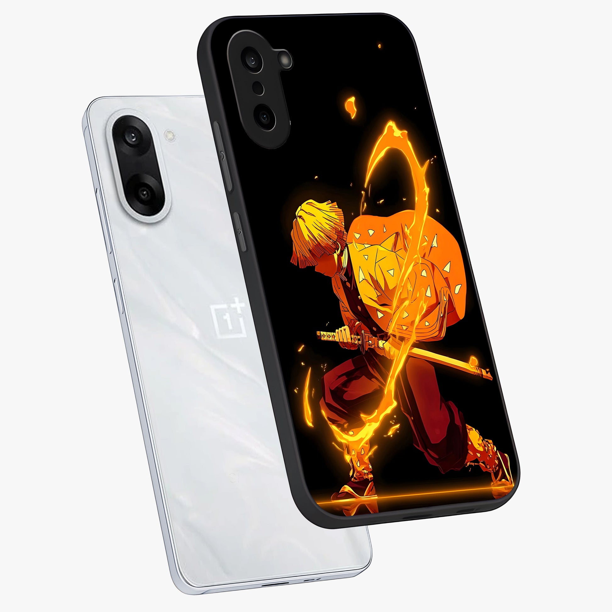 Thunder Flame Execution Glass Case for 1+Nord Ce 5 angled mockup showcasing glossy finish and dramatic high contrast tones