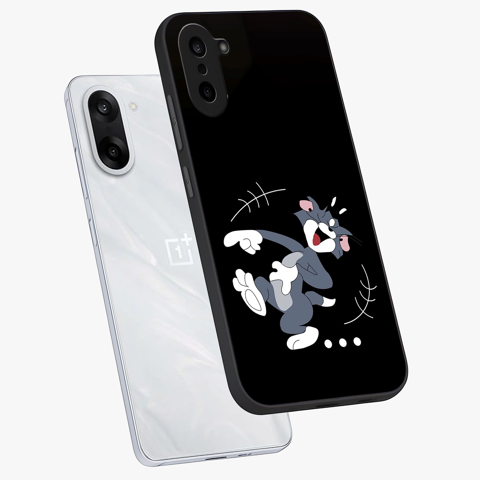 Tom in Trouble Glass Case for 1+Nord Ce 5 angled mockup showcasing glossy finish and vibrant cartoon detailing