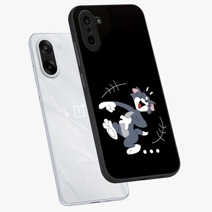 Tom in Trouble Glass Case for 1+Nord Ce 5 angled mockup showcasing glossy finish and vibrant cartoon detailing