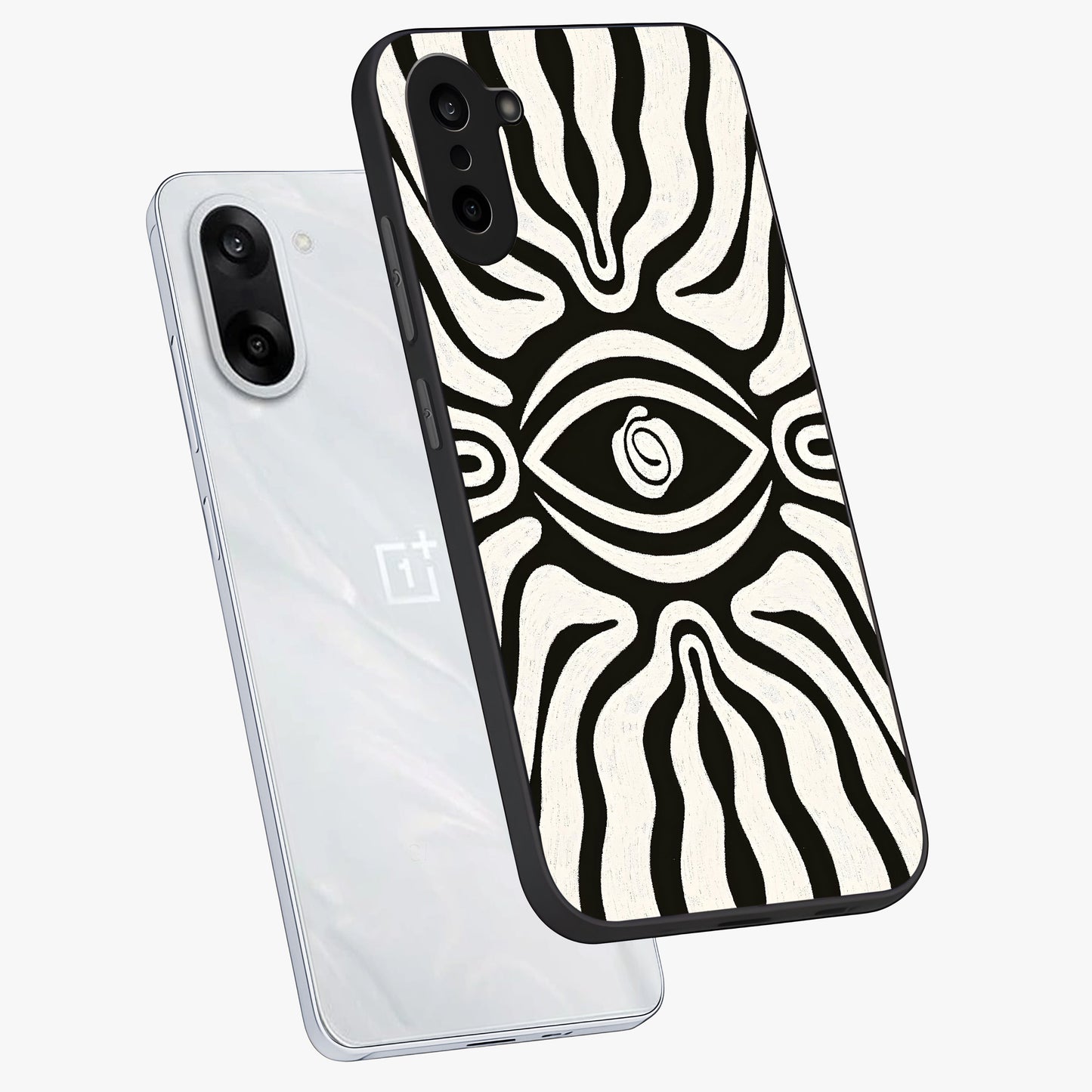 Trancewave Illusion Art Glass Case for 1+Nord CE 5 angled mockup showcasing glossy finish and psychedelic detailing