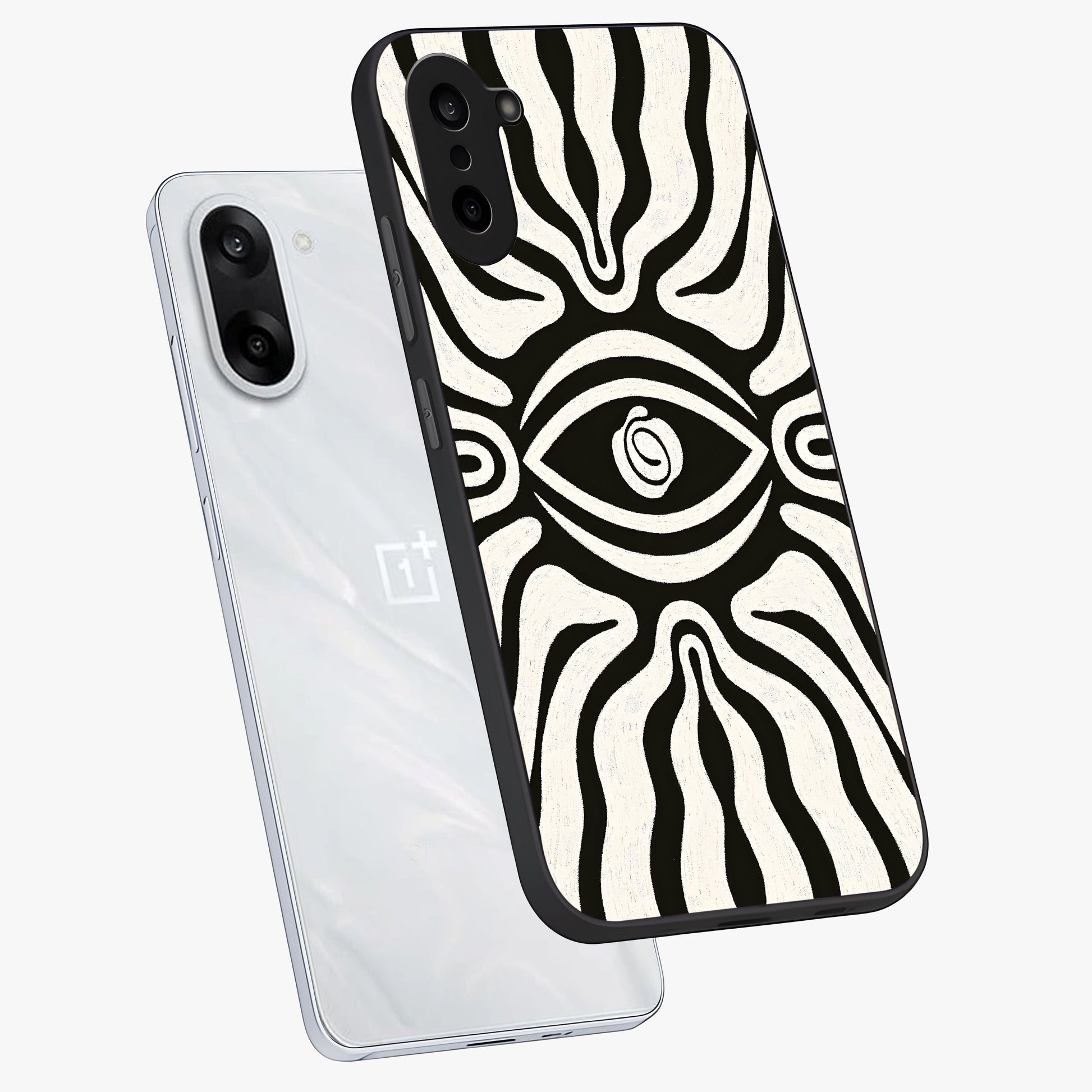 Trancewave Illusion Art Glass Case for 1+Nord CE 5 angled mockup showcasing glossy finish and psychedelic detailing