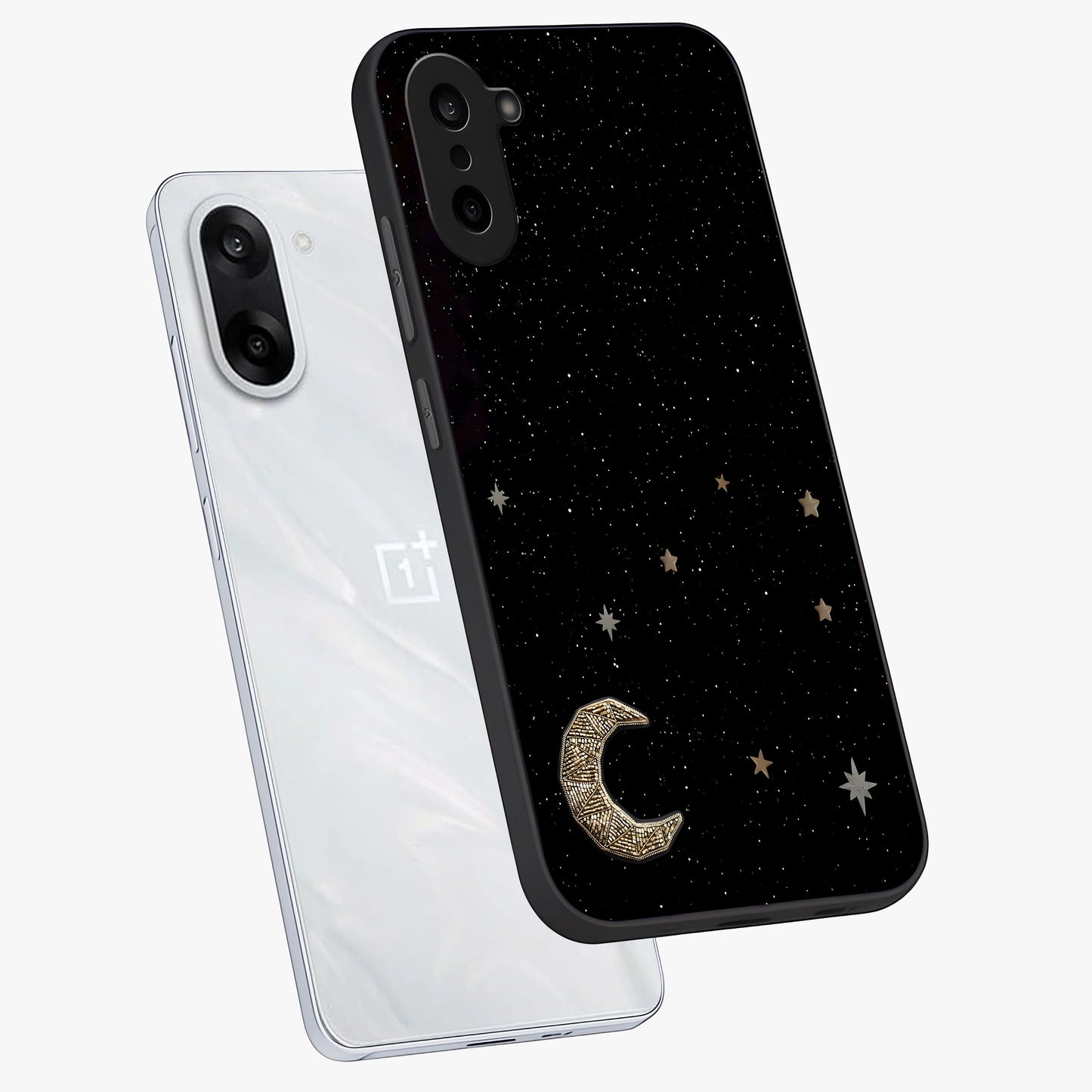Twinkle Star With Half Moon Glass Case for 1+Nord Ce 5 angled mockup showcasing glossy finish and celestial night tones