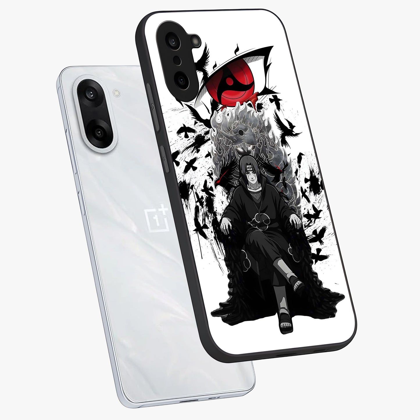 Uchiha Shadow Throne Glass Case for 1+Nord CE 5 angled mockup showcasing glossy finish and dramatic shadow detailing