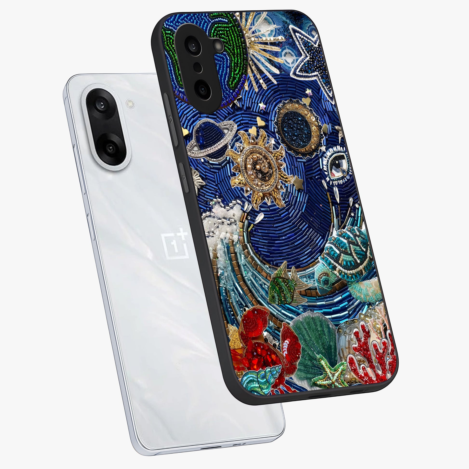 Universe Underwater Spark Glass Case for 1+Nord CE 5 angled mockup showcasing glossy finish and glowing blue gradients