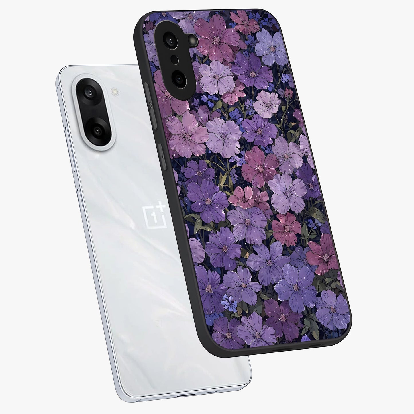 Velvet Bloom Tapestry Glass Case for 1+Nord CE 5 angled mockup showcasing glossy finish and deep velvet tones