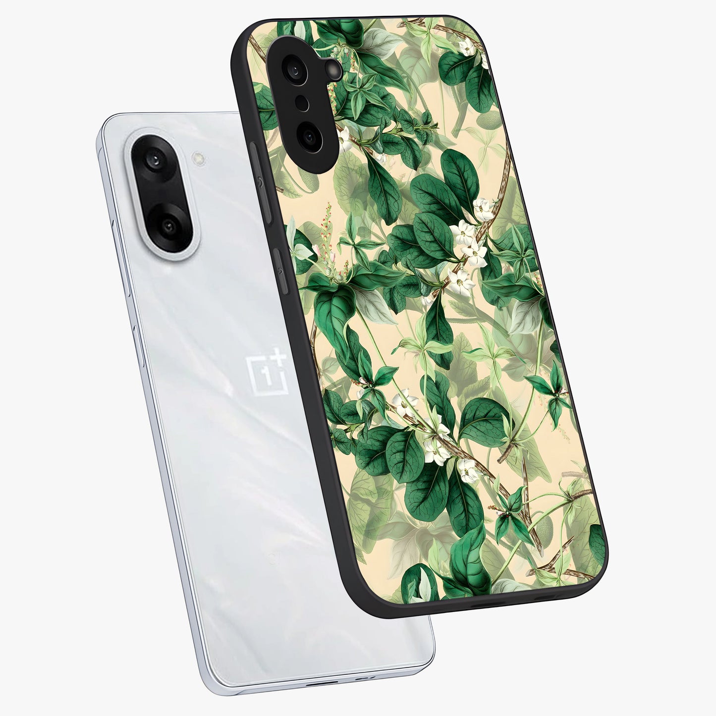 Verdant Garden Whispers Glass Case for 1+Nord Ce 5 angled mockup showcasing glossy finish and natural earthy tones