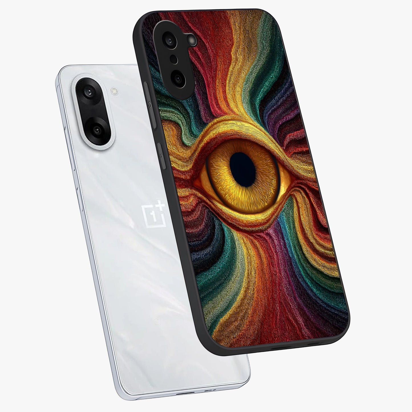 Visionary Flame Core Glass Case for 1+Nord CE 5 angled mockup showcasing glossy finish and bold glowing gradients