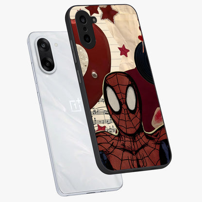 Web Warrior Vibes Glass Case for 1+Nord CE 5 angled mockup showcasing glossy finish and bold comic style detailing