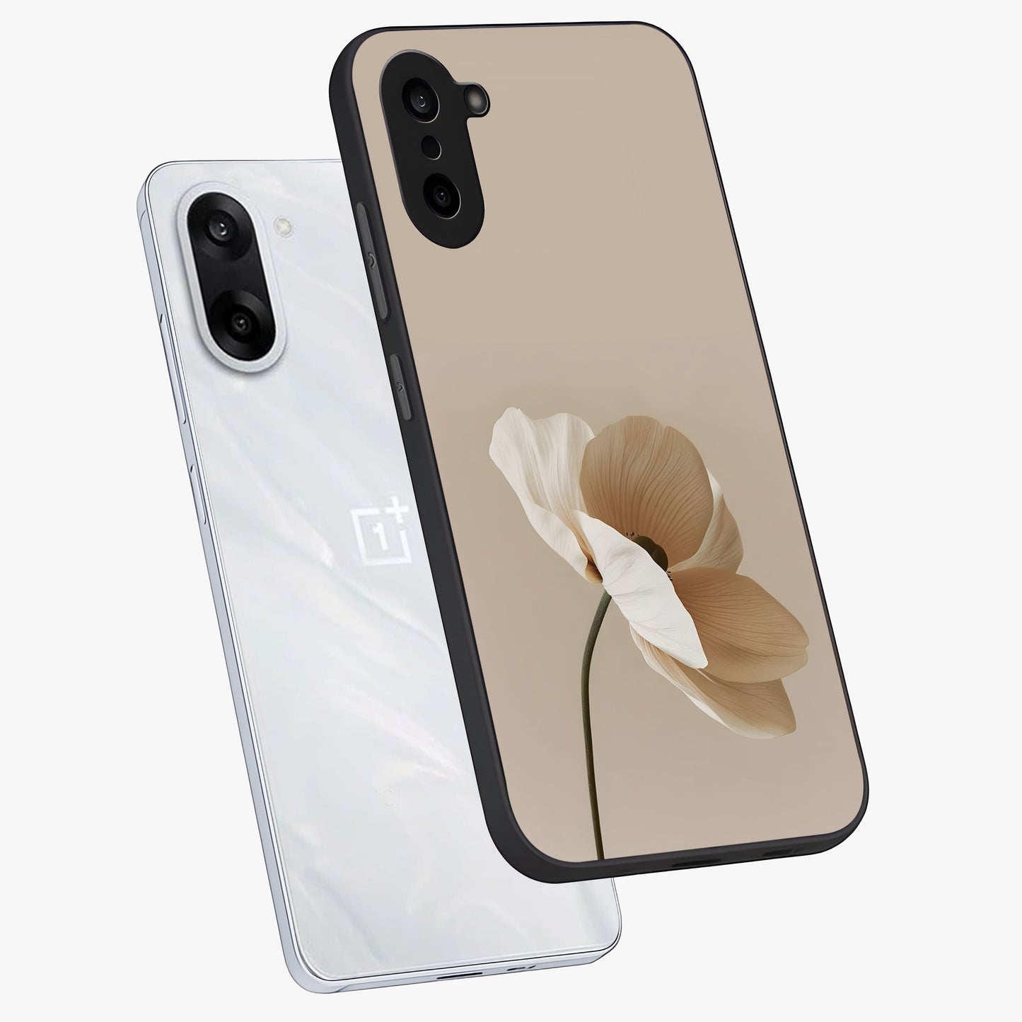 Whispering Petals Glass Case for 1+Nord CE 5 angled mockup showcasing glossy finish and muted romantic tones