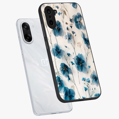Whispers of Blue Bloom Glass Case for 1+Nord CE 5 angled mockup showcasing glossy finish and cool sapphire tones