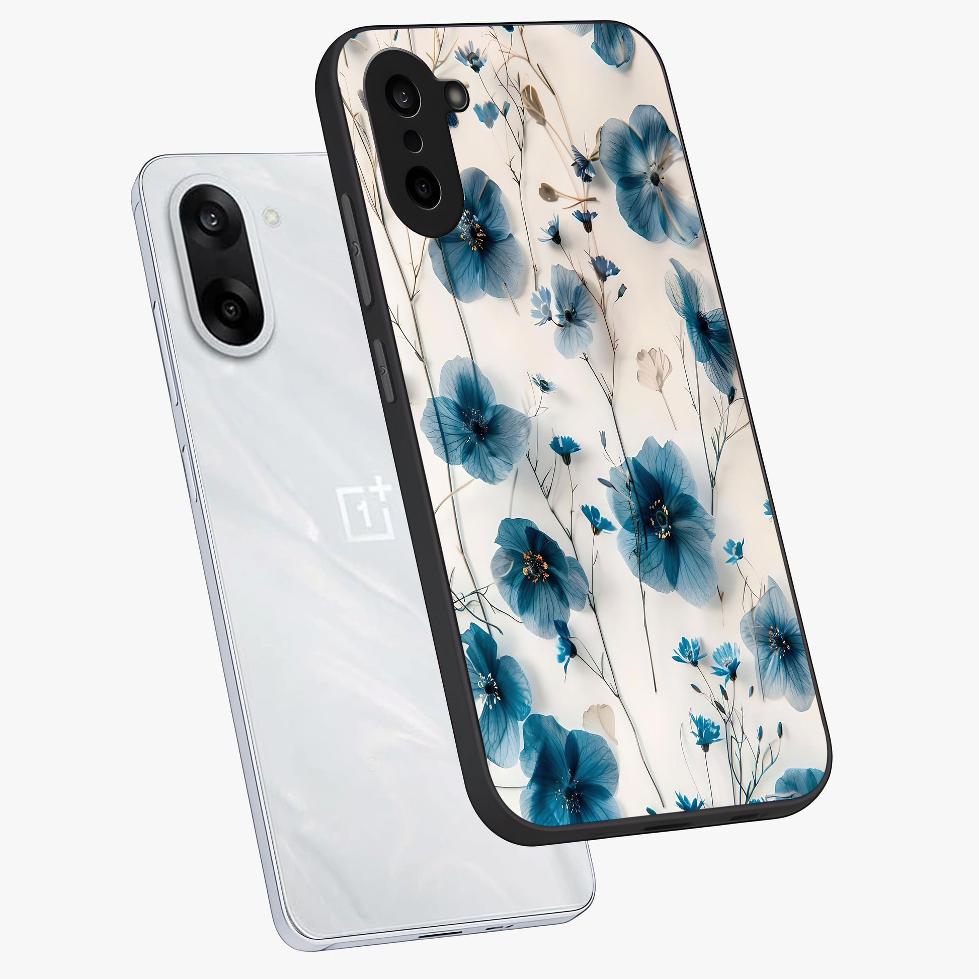 Whispers of Blue Bloom Glass Case for 1+Nord Ce 5 angled mockup showcasing glossy finish and cool sapphire tones