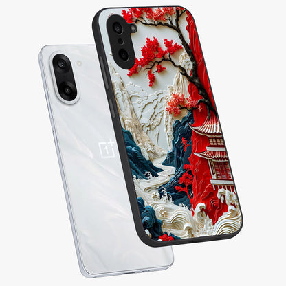 Whispers of Sakura Waves Glass Case for 1+Nord CE 5 angled mockup showcasing glossy finish and soft pink gradients