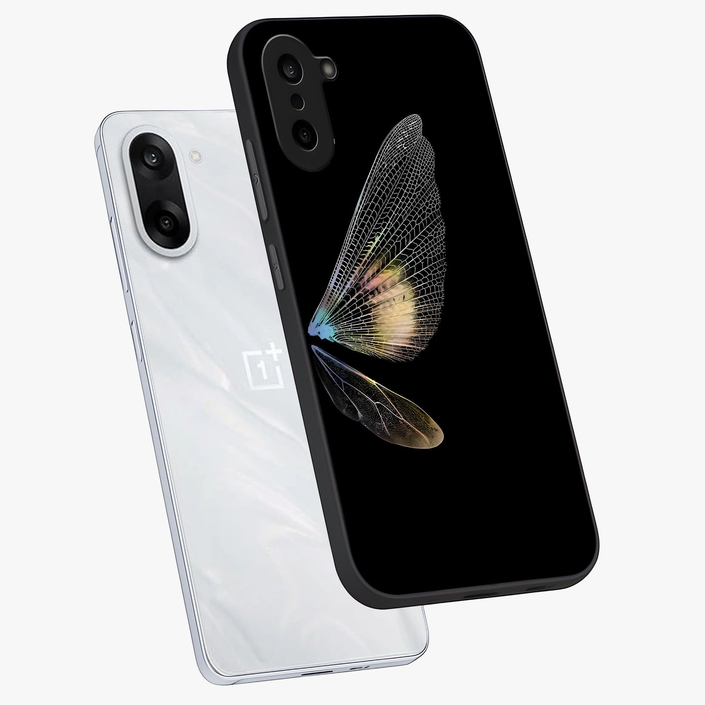 Whispers of Wings Glass Case for 1+Nord CE 5 angled mockup showcasing glossy finish and soft gradient detailing