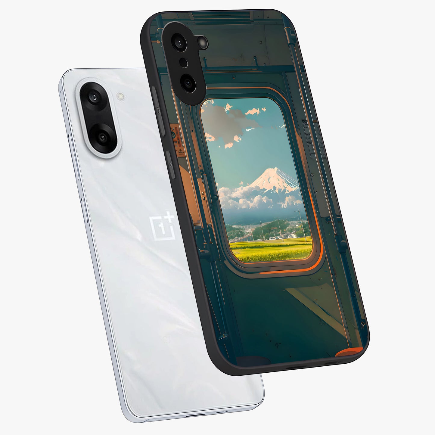 Window to Fuji Glass Case for 1+Nord CE 5 angled mockup showcasing glossy finish and serene landscape tones