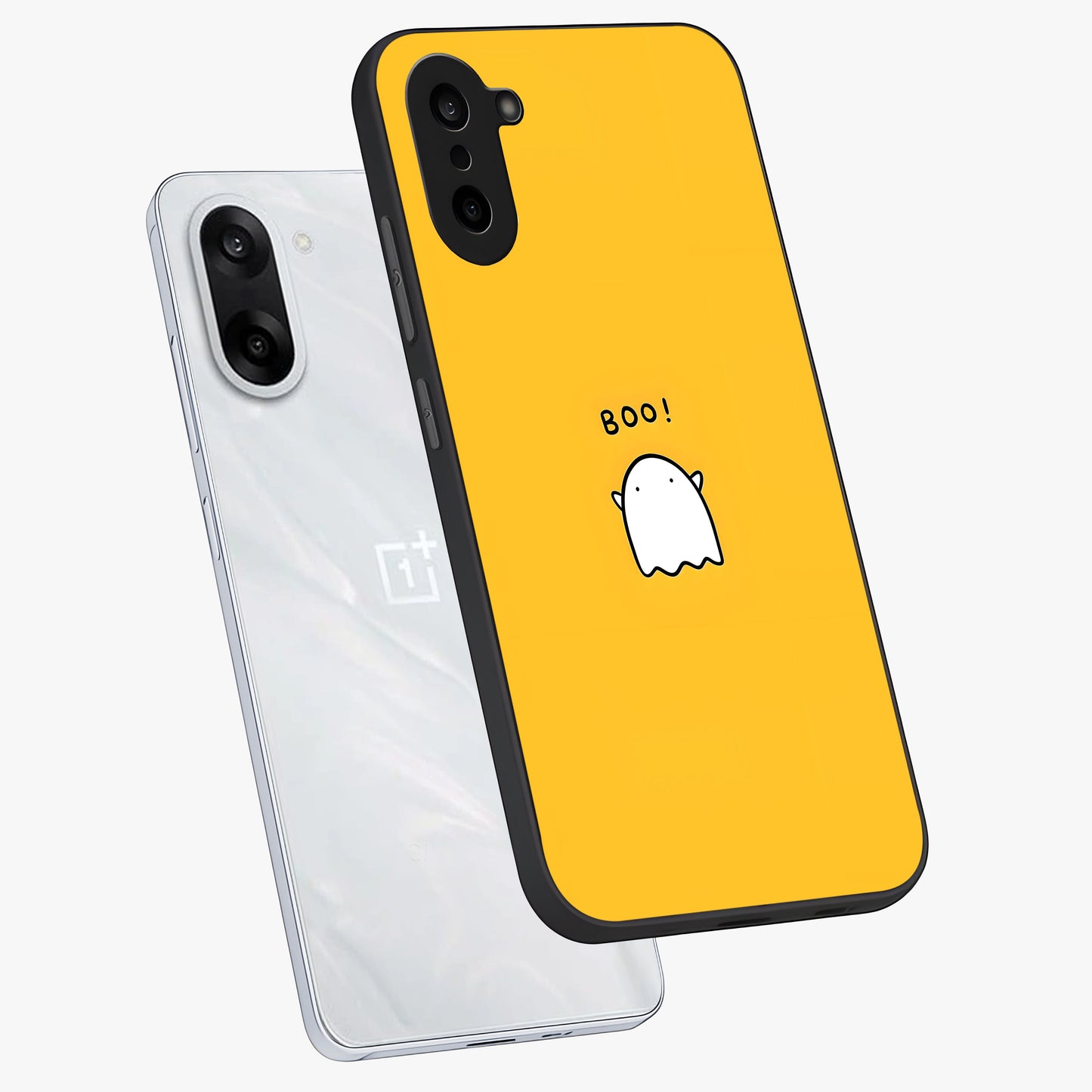 Yellow Boo Ghost Glass Case for 1+Nord CE 5 angled mockup showcasing glossy finish and fun animated detailing