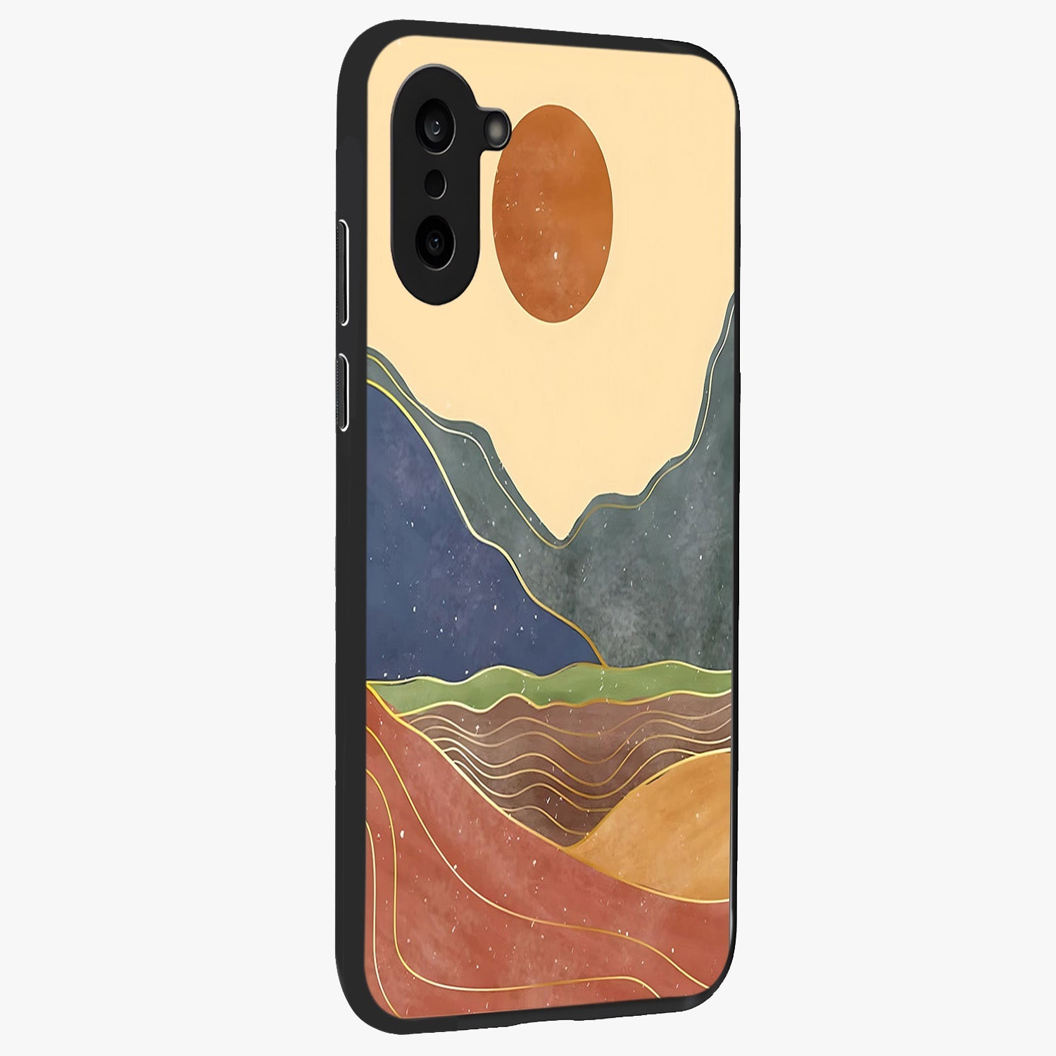 Abstract Mountain Glow Glass Case for 1+Nord Ce 5 side perspective highlighting luminous mountain design details