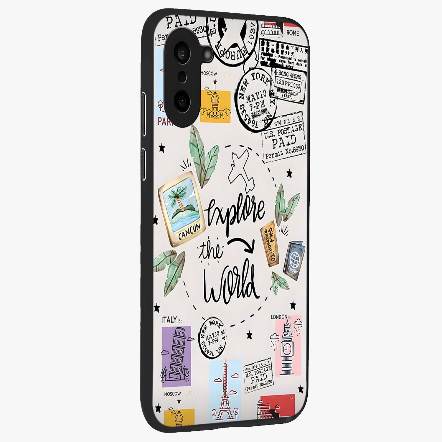Adventure Awaits Art Glass Case for 1+Nord CE 5 side perspective highlighting motivational travel graphic details