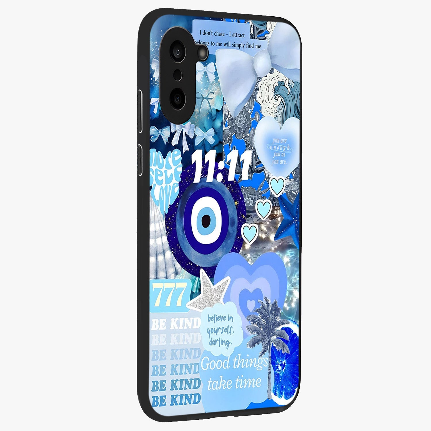 Aesthetic Be Kind Eye Glass Case for 1+Nord CE 5 side perspective highlighting artistic eye graphic details