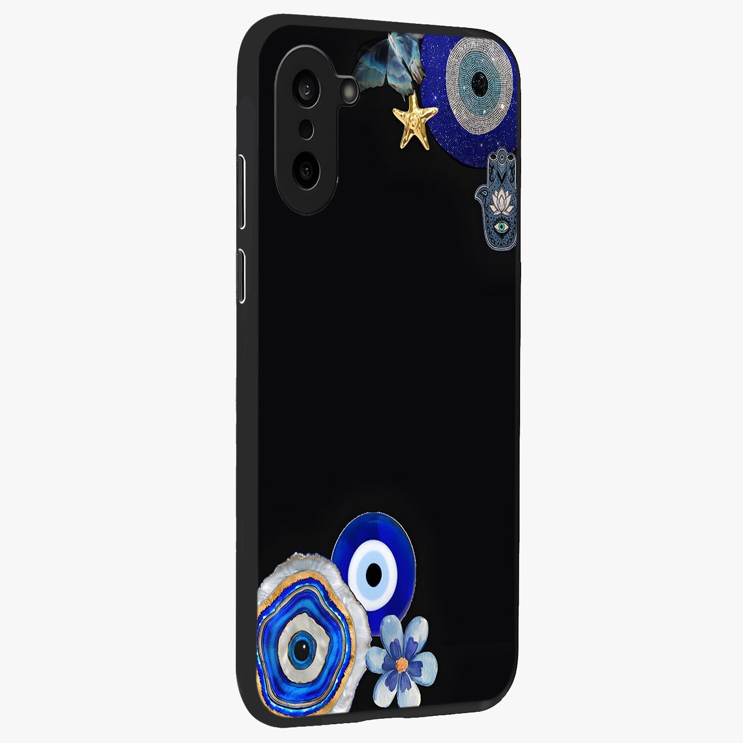 Aesthetic Blue Evil Eye Glass Case for 1+Nord CE 5 side perspective highlighting bold blue evil eye detailing