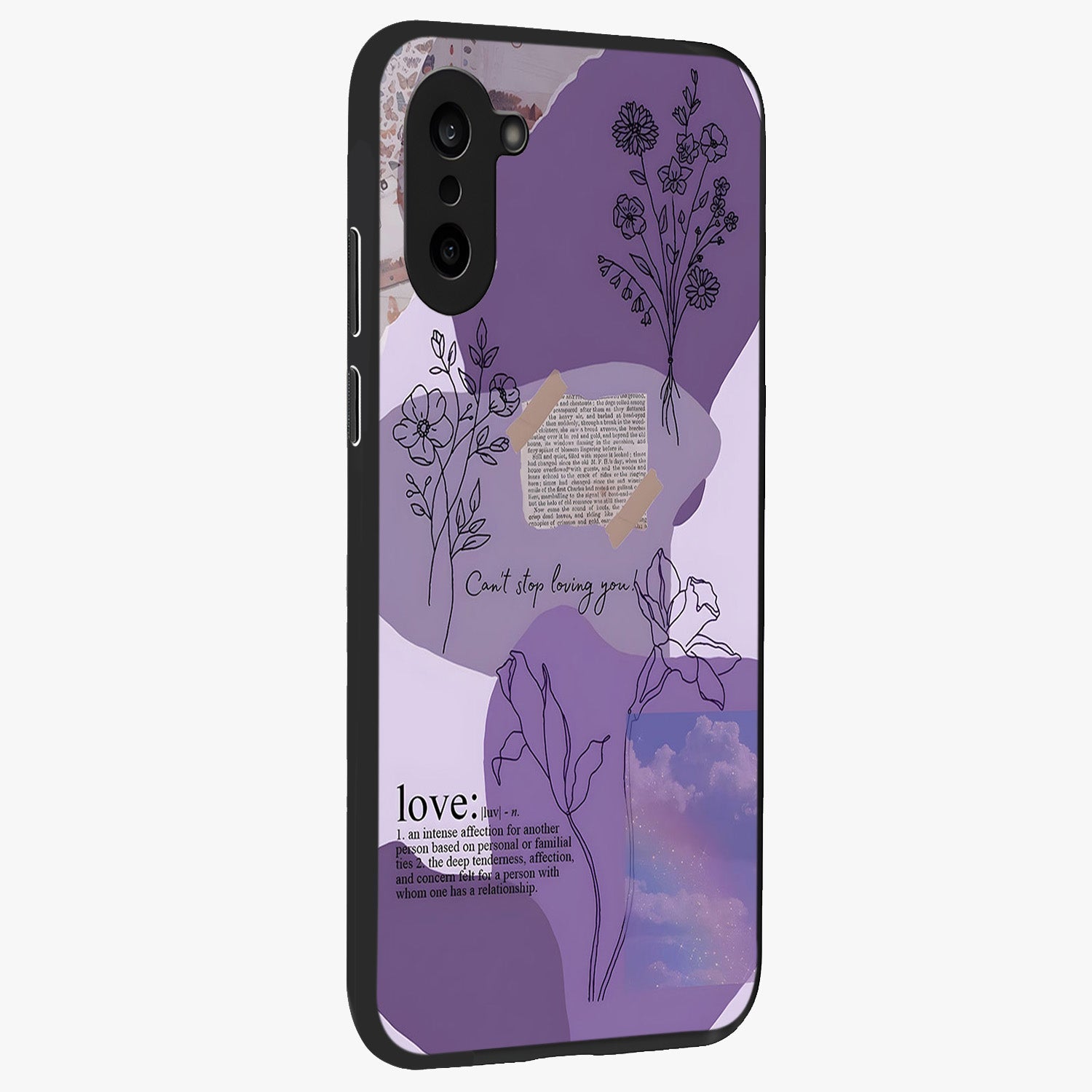 Aesthetic Love With Flower Glass Case for 1+Nord Ce 5 side perspective highlighting delicate flower illustration details