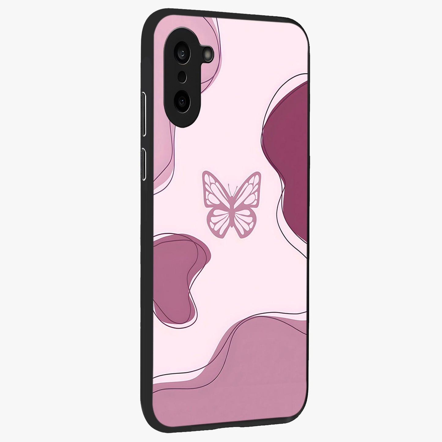 Aesthetic Pinkish Custom Name Butterfly Glass Case for 1+Nord CE 5 side perspective highlighting premium edges and butterfly detailing