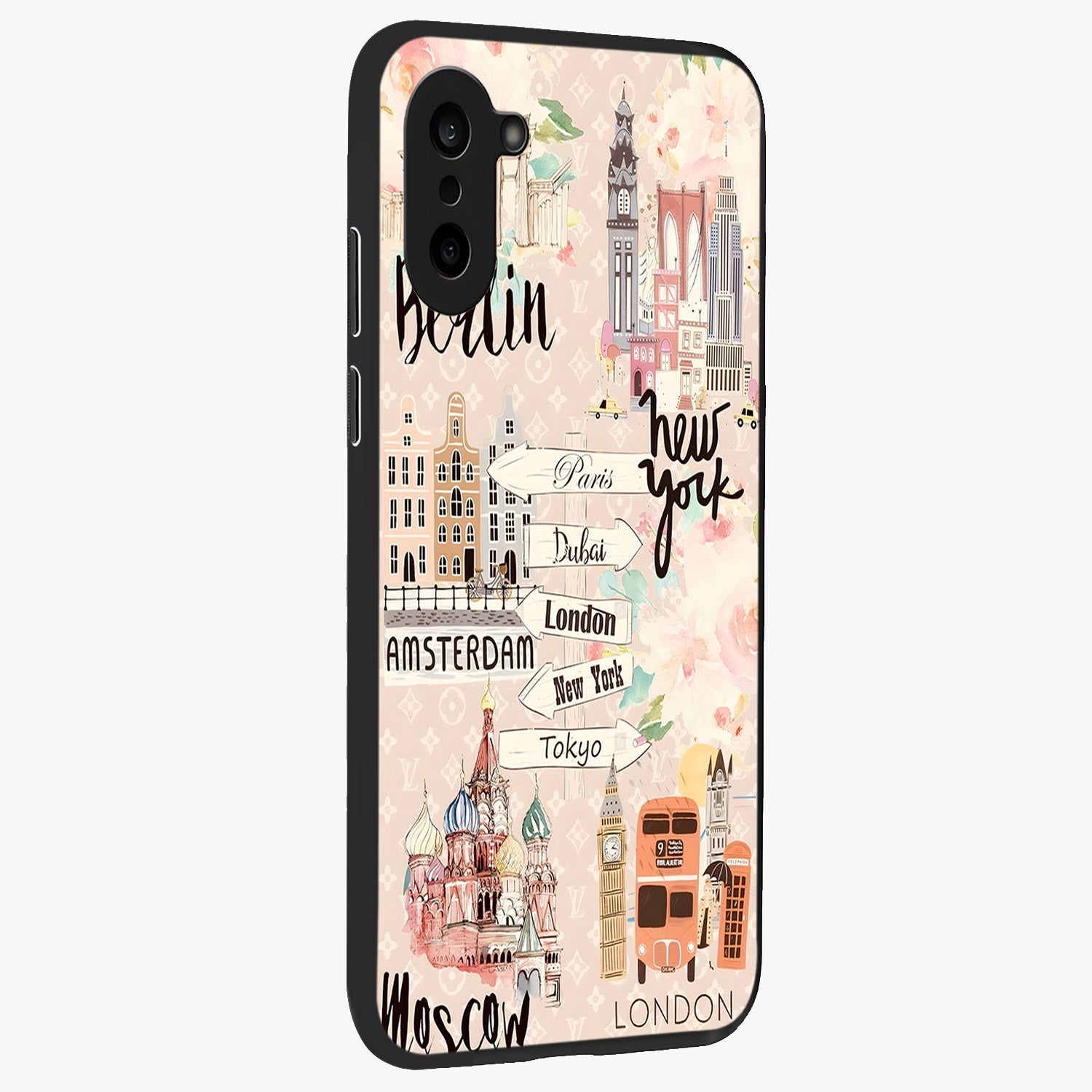 Aesthetic Travel Glass Case for 1+Nord CE 5 side perspective highlighting bold travel graphic details