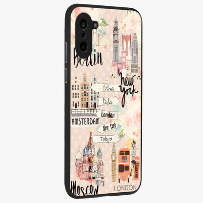 Aesthetic Travel Glass Case for 1+Nord CE 5 side perspective highlighting bold travel graphic details
