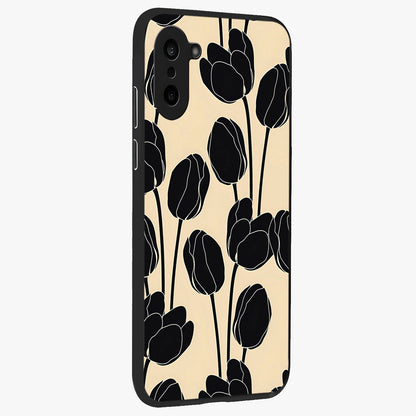 Black Designer Tulip Glass Case for 1+Nord CE 5 side perspective highlighting bold contrast and stylish tulip illustration