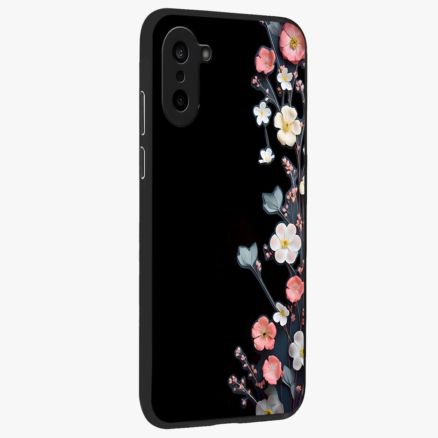 Black Elegance Floral Custom Name Glass Case for 1+Nord Ce 5 side perspective highlighting elegant floral detailing and premium edges