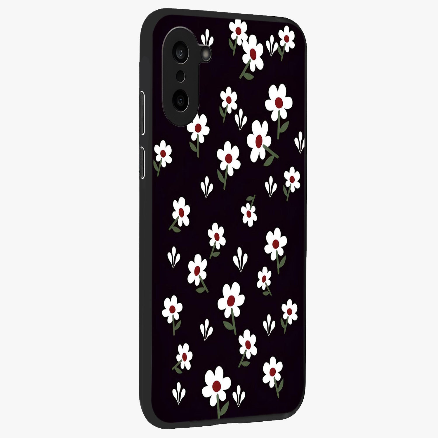 Black Prints Daisy Flower Pattern Glass Case for 1+Nord CE 5 side perspective highlighting delicate daisy details and smooth edges