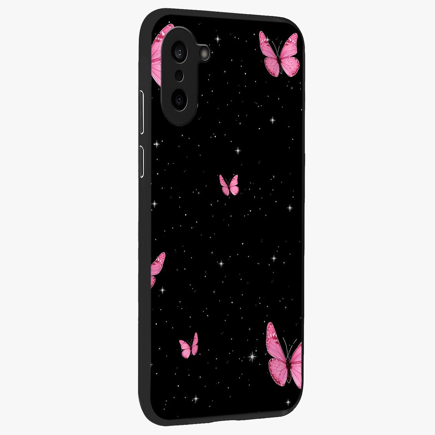 Blinking Butterfly Glass Case for 1+Nord CE 5 displayed upright for graceful aesthetic visibility and premium finish.