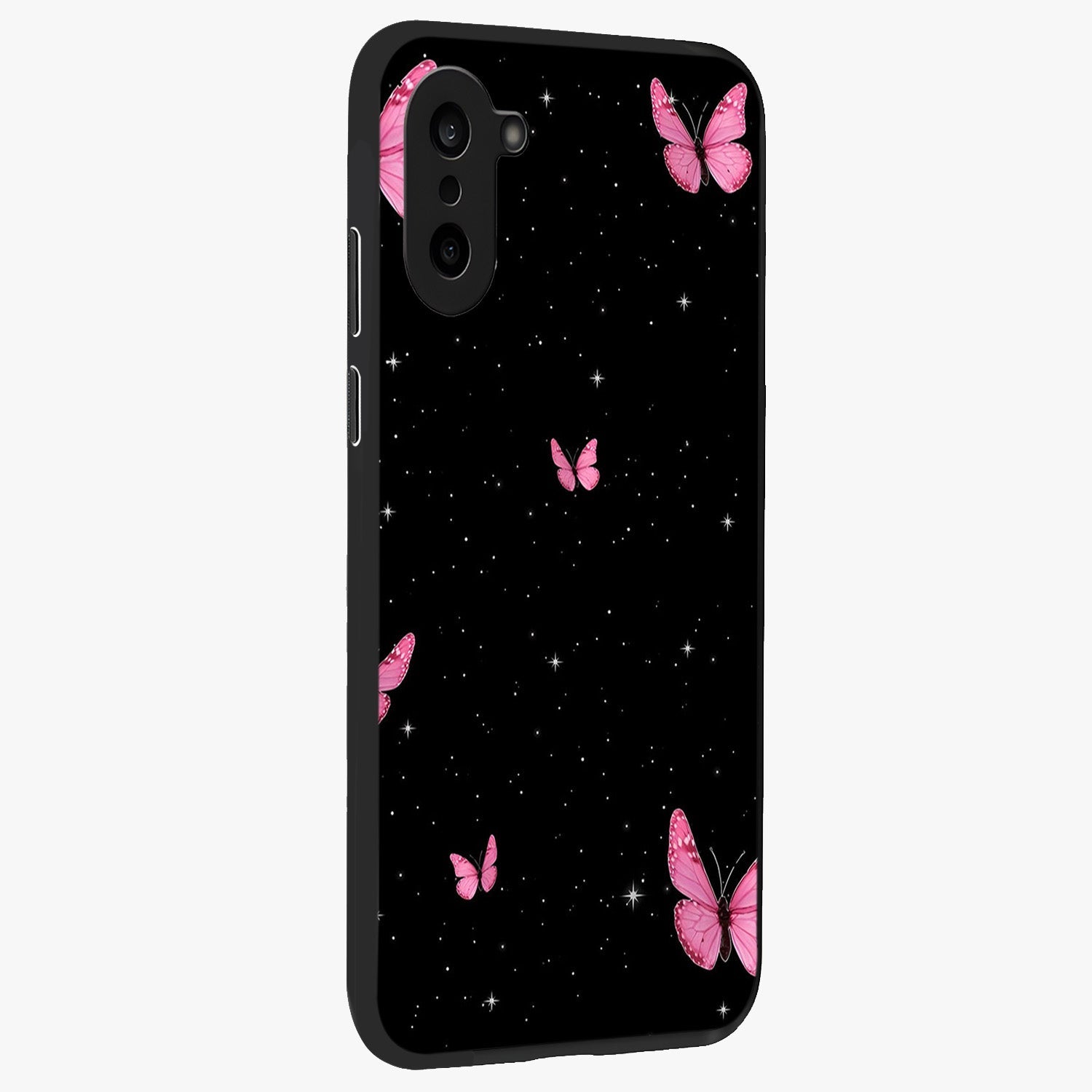 Blinking Butterfly Glass Case for 1+Nord CE 5 displayed upright for graceful aesthetic visibility and premium finish.