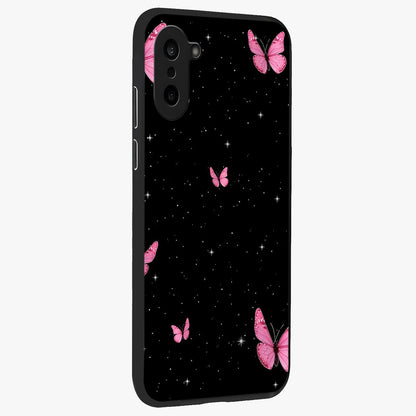Blinking Butterfly Glass Case for 1+Nord CE 5 displayed upright for graceful aesthetic visibility and premium finish.