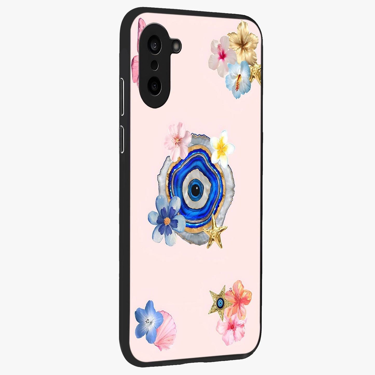 Blossom Evil Charm Glass Case for 1+Nord Ce 5 side perspective highlighting delicate blossom detailing and bold symbol contrast
