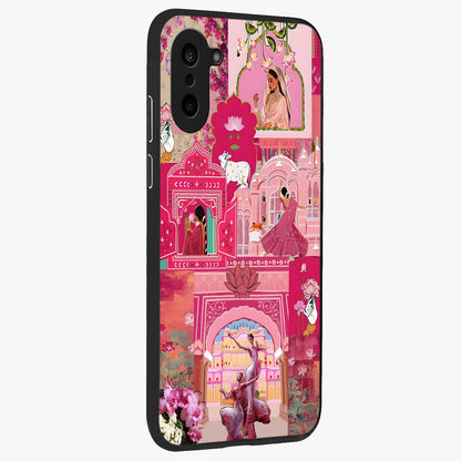 Blossoms of Rajasthan Glass Case for 1+Nord CE 5 side perspective highlighting intricate heritage detailing and bold colors