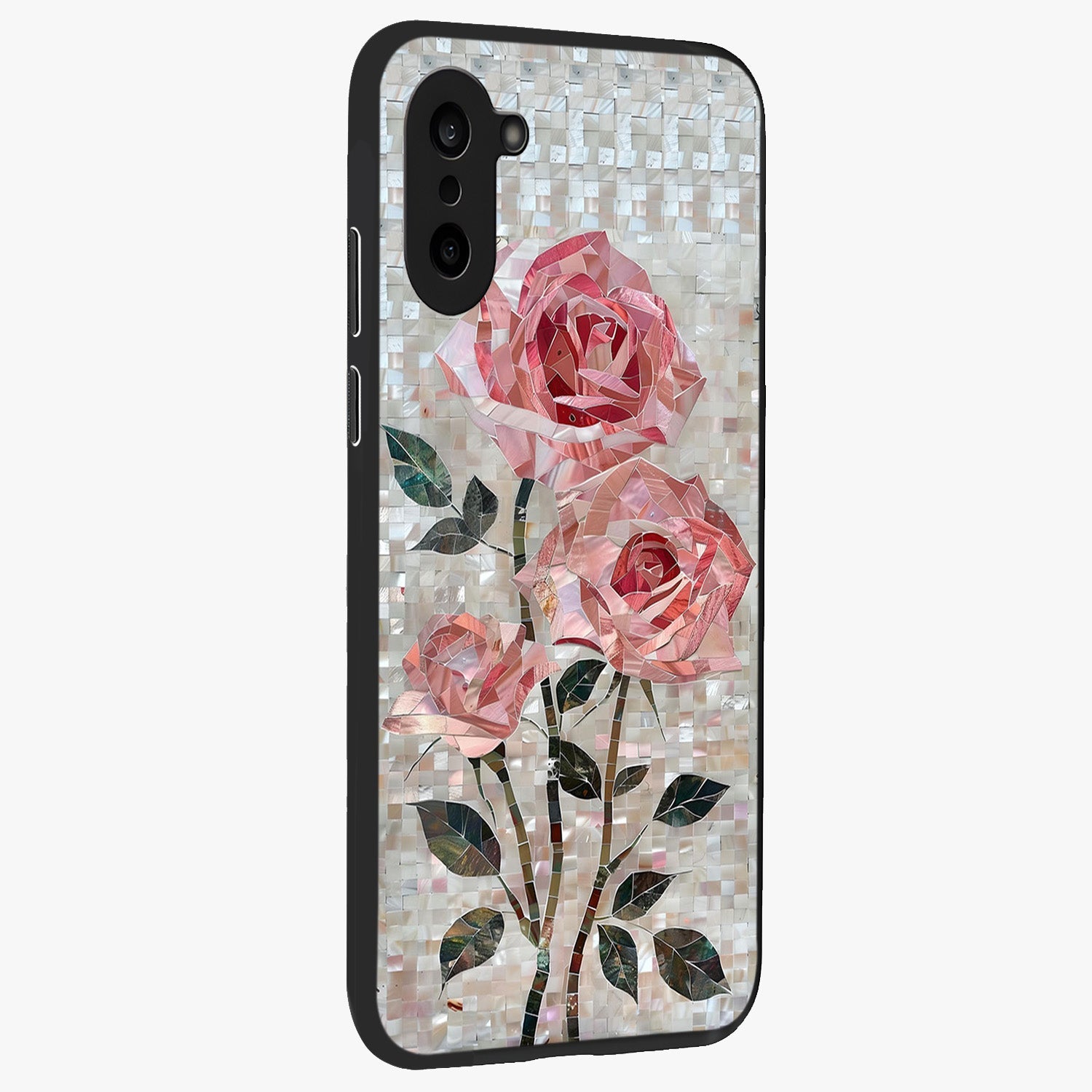 Blush Mosaic Bloom Glass Case for 1+Nord Ce 5 side perspective highlighting vibrant floral geometry and premium finish