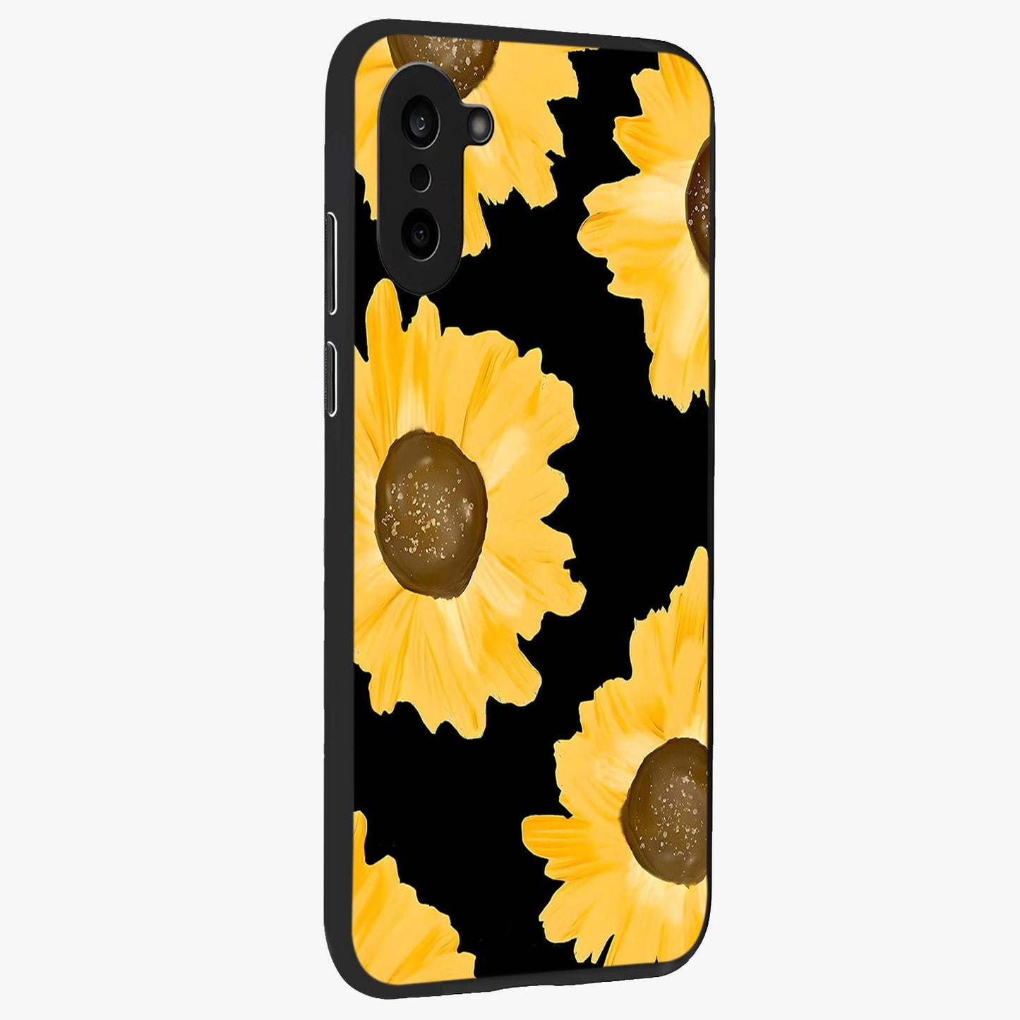 Bold Sunflowers Glow Glass Case for 1+Nord Ce 5 side perspective highlighting rich yellow hues and premium edge finish