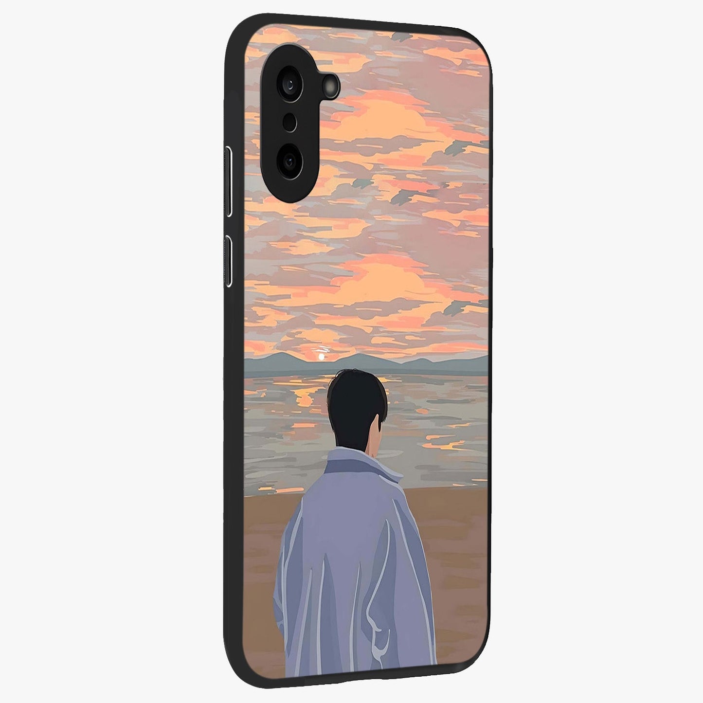 Boy Facing Sunset Beach Glass Case for 1+Nord CE 5 side perspective highlighting calming sunset gradients and smooth edges
