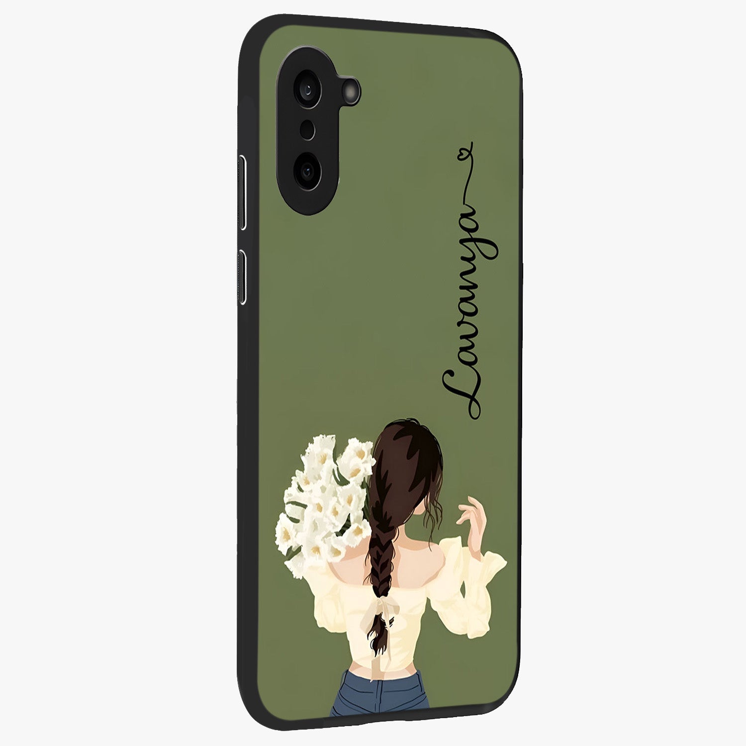 Braided Spring Beauty With Custom Name Glass Case for 1+Nord CE 5 side perspective highlighting custom name typography and smooth edges