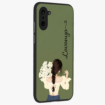 Braided Spring Beauty With Custom Name Glass Case for 1+Nord CE 5 side perspective highlighting custom name typography and smooth edges