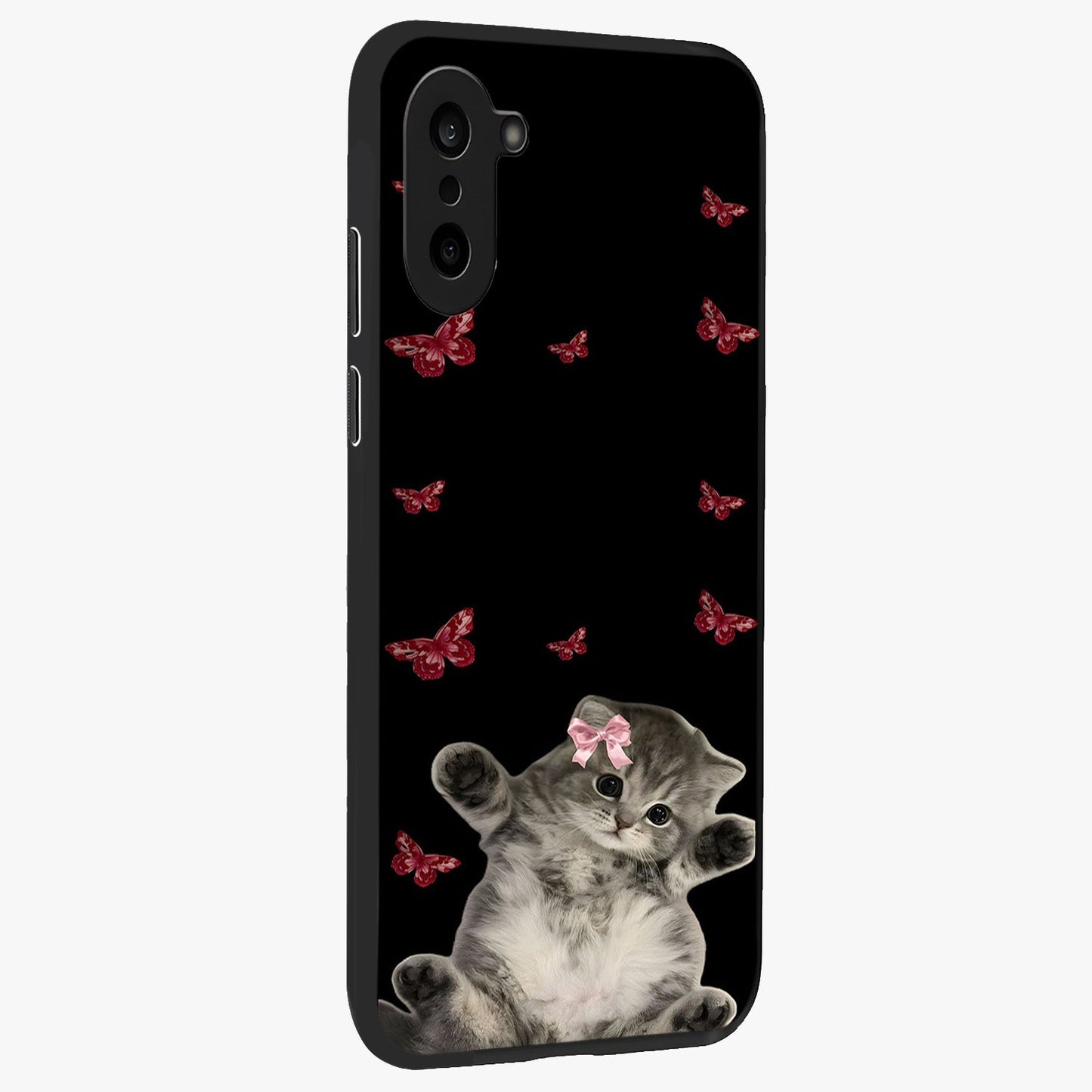 Butterfly Cat Bliss Glass Case for 1+Nord Ce 5 side perspective highlighting delicate butterfly detailing and smooth edges