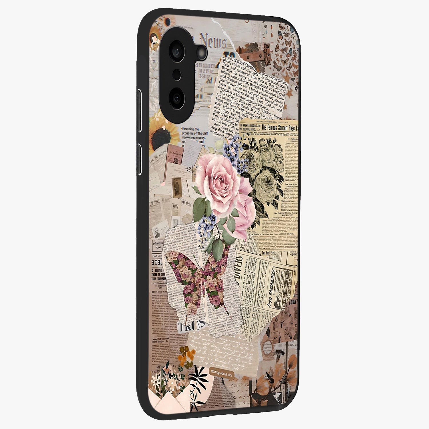 Butterfly News Bloom Glass Case for 1+Nord CE 5 side perspective highlighting intricate bloom details and premium finish