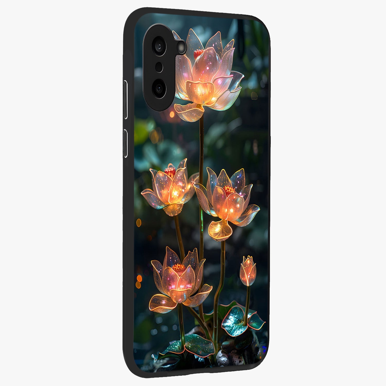 Celestial Lotus Light Glass Case for 1+Nord CE 5 side perspective highlighting delicate lotus detailing and premium finish