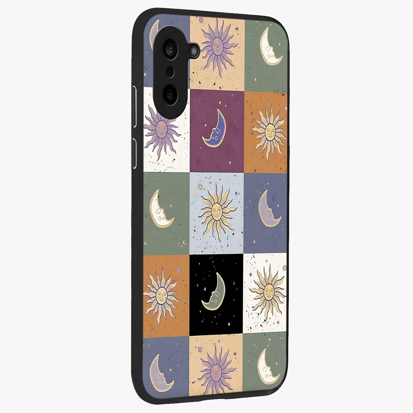 Celestial Patchwork Dreams Glass Case for 1+Nord CE 5 side perspective highlighting vibrant patchwork detailing and sleek edges
