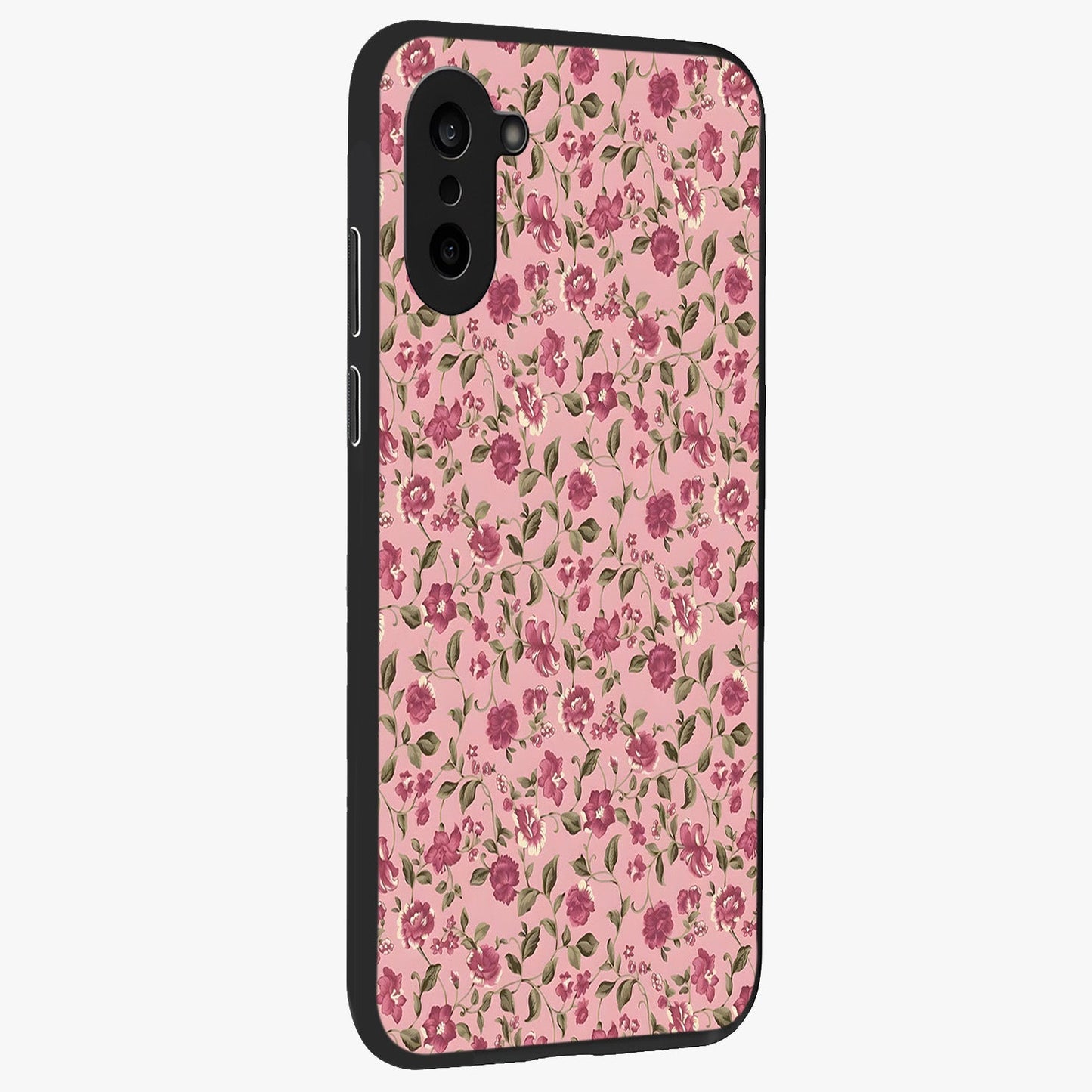 Charming Pink Floral Glass Case for 1+Nord CE 5 side perspective highlighting subtle floral textures and smooth edges