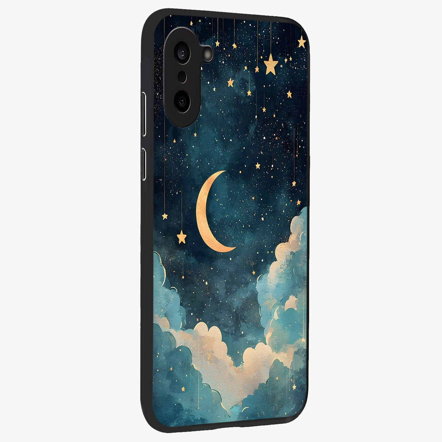 Crescent Galaxy Moon Glass Case for 1+Nord CE 5 side perspective highlighting luminous moon details and premium build